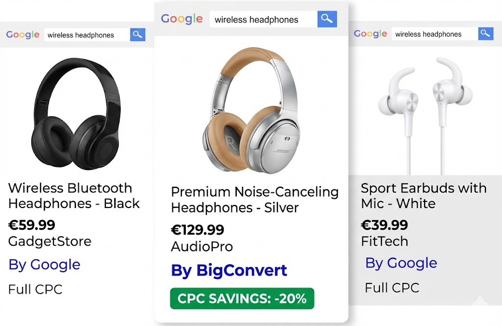 Comparație Google Shopping - prin Google vs. prin BigConvert, cu economii de 20% la CPC